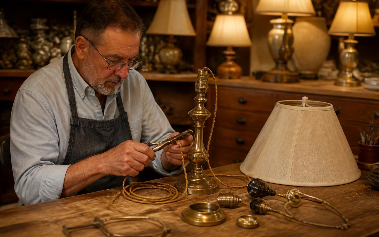 Lamp technician rewiring a brass table lamp at the Isaiahvero Co. workbench in Thornton, Colorado