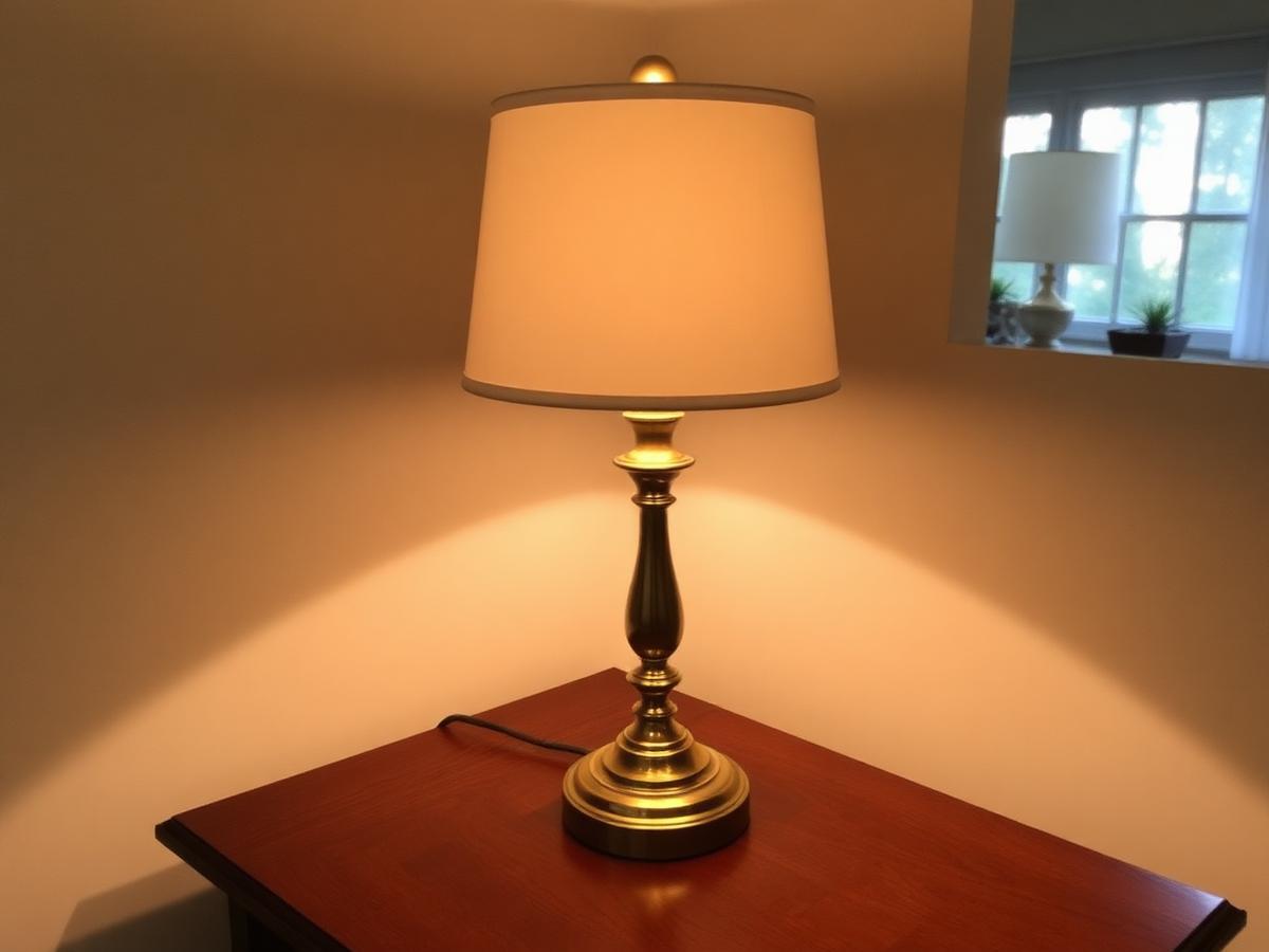 Restored brass table lamp with a cream linen shade glowing on a wood side table